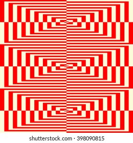 Pattern with symmetric geometric ornament.Optical illusion red white abstract background. Abstract repeated squared shape wallpaper. Vector illustration