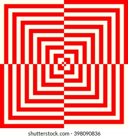 Pattern with symmetric geometric ornament.Optical illusion red white abstract background. Abstract repeated squared shape wallpaper. Vector illustration