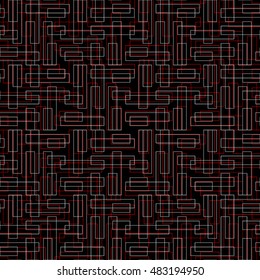 Pattern with symmetric ornament. Red and white geometric figures abstract on black background. Futuristic motif. Ornamental wallpaper. Vector illustration