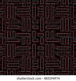 Pattern with symmetric ornament. Red and white geometric figures abstract on black background. Futuristic motif. Ornamental wallpaper. Vector illustration