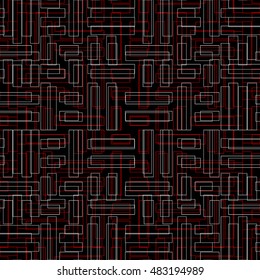 Pattern with symmetric ornament. Red and white geometric figures abstract on black background. Futuristic motif. Ornamental wallpaper. Vector illustration