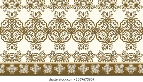 The pattern is symmetrical and creates a sense of elegance and sophistication. The bottom border of the image features a smaller, repeating floral motif in the same brown color.