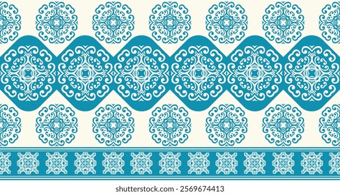 The pattern is symmetrical and creates a sense of elegance and sophistication. The bottom border of the image features a smaller, repeating floral motif in the same blue color.