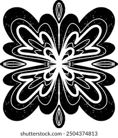 Pattern symmetrical in linocut style texture black element vector print with slots