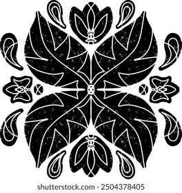 Pattern symmetrical in linocut style texture black element vector print with slots