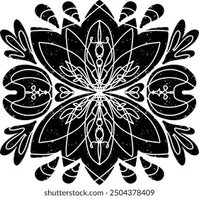 Pattern symmetrical in linocut style texture black element vector print with slots
