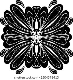 Pattern symmetrical in linocut style texture black element vector print with slots