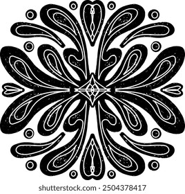 Pattern symmetrical in linocut style texture black element vector print with slots