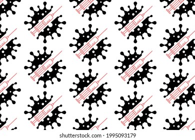 Pattern with a syringe and a coronavirus on a white background. The concept of pandemic control by vaccination.