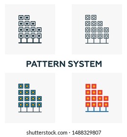 Pattern System icon set. Four elements in diferent styles from big data icons collection. Creative pattern system icons filled, outline, colored and flat symbols.