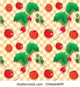 Pattern tablecloth, radish, tomato and parsley
