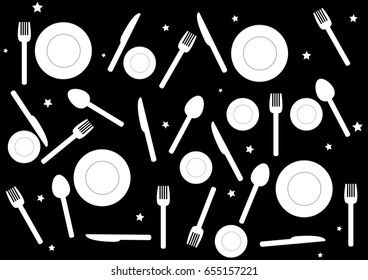 Pattern of tableware on the black background, - Illustration
Fork, Silverware, Eating Utensil, Spoon, plate, Dinner