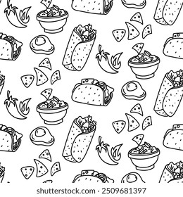 pattern of tacos, burritos, peppers, guacamole, nachos, avocados, painted in black and white. Fast food with various fillings. Mexican spicy cuisine, Latin American fast food. Seamless linear