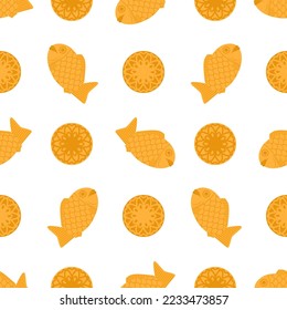 Pattern with taiyaki and mooncakes. Seamless texture with asian bakery products. Flat vector illustration