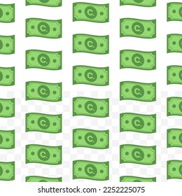 Patrón de billetes tayikos somoni sobre fondo transparente con mini doodle (icono) y color verde. Ilustración vectorial