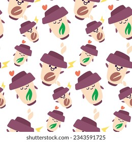 A pattern of takeaway cups for coffee and tea. Cute paper cups with a hot drink and cute faces. Seamless vector pattern of cartoon drink. Coffee, tea texture