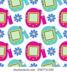 Pattern of Tamagotchi - retro portable pocket game of 90s. Vector illustration isolated on white background .