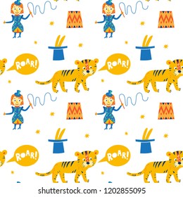 Pattern the tamer, circus tiger and the Roar text. Design for nursery, fabric printing, postcard, poster, packaging. Vector illustration