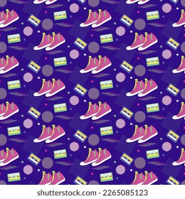 Pattern with tape cassettes and sneakers. Bright retro style of the 90s. Vector on a dark background with abstract shapes. For covers and brochures, flyers and posters, clothes and other design.