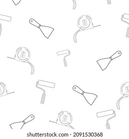 Pattern of tape measure, construction spatula and roller for painting works. Linear design. On a white background. Tools for any specialist. Flat vector illustration.