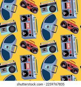 Pattern with tape recorders. Cassette recorder. Vector illustration. For printing on fabric and paper.