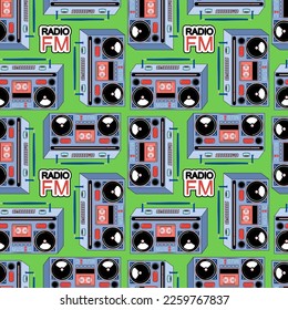 Pattern with tape recorders. Cassette recorder. Vector illustration. For printing on fabric and paper.