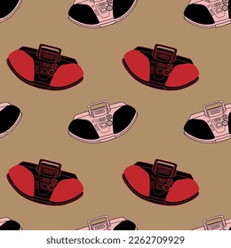 Pattern with tape recorders. Cassette recorder. Vector illustration. For printing on fabric and paper.