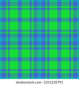 El tartán de patrón es transparente, con fondo de tela trenzada, con una textura vectorial textil de verificación en colores verde y azul.