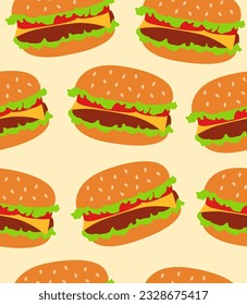 Pattern of tasty burgers on a peach background.