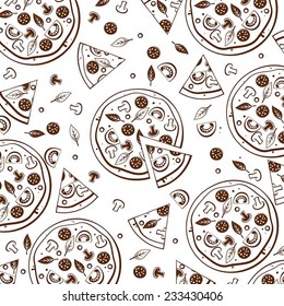 Pattern with  tasty pizza ans italian pizza ingredients. Vector.