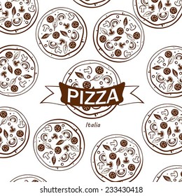 Pattern with  tasty pizza ans italian pizza ingredients. Vector.
