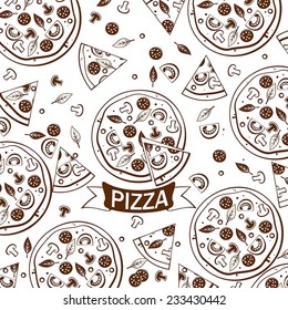 Pattern with  tasty pizza ans italian pizza ingredients. Vector.