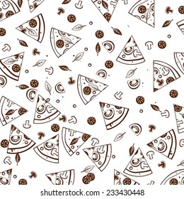 Pattern with  tasty pizza ans italian pizza ingredients. Vector.