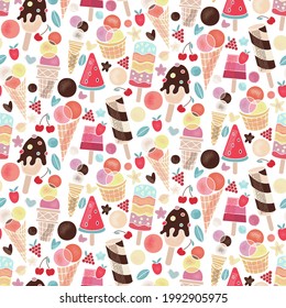 Pattern of tasty sweet food. Summer party. Flat Vector illustration of healthy food Ice cream in a waffle cup, popsicles, fruit ice, truck with berries, chocolate. Wallpaper decor