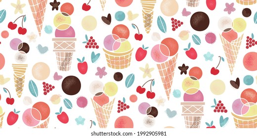 Pattern of tasty sweet food. Summer party. Flat Vector illustration of healthy food Ice cream in a waffle cup, popsicles, fruit ice, truck with berries, chocolate. Wallpaper decor