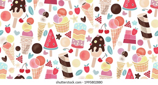 Pattern of tasty sweet food. Summer party. Flat Vector illustration of healthy food Ice cream in a waffle cup, popsicles, fruit ice, truck with berries, chocolate. Wallpaper decor