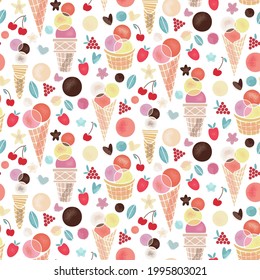 Pattern of tasty sweet food. Summer party. Flat Vector illustration of healthy food Ice cream in a waffle cup, popsicles, fruit ice, truck with berries, chocolate. Wallpaper decor