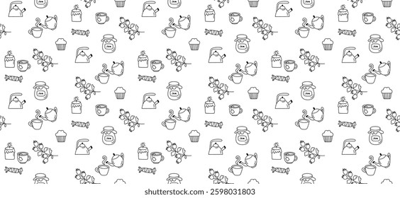Pattern with tea accessories teapot, cup, jam, sweets and twigs, minimalistic linear style