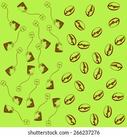 pattern of tea bags and coffee beans on a green background