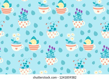 Pattern with tea of different tastes. Plants in the cups.