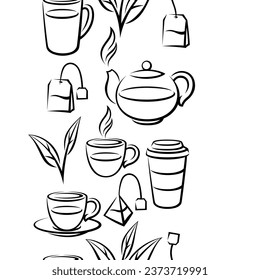 Pattern with tea items. Background with tea and accessories, packs and kettles.