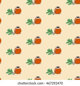 Pattern with tea leaf, mate tea in a calabash with a bombilla in doodle style