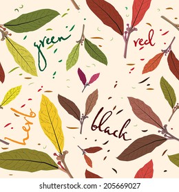 Pattern of tea leaves. Seamless pattern for your design Wallpaper, patterns,backgrounds, surface textures. The leaves of different varieties of tea seamless background: green, black, floral, red