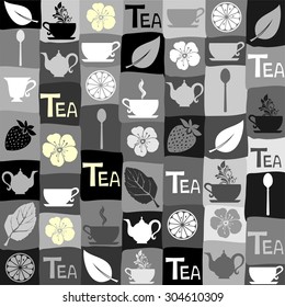 Pattern with tea pots and tea cups. Cute kitchen pattern.  Vector Illustration