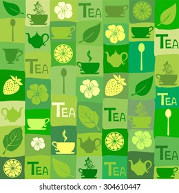 Pattern with tea pots and tea cups. Cute kitchen pattern.  Vector Illustration