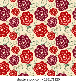pattern with tea and red rose on a yellow background