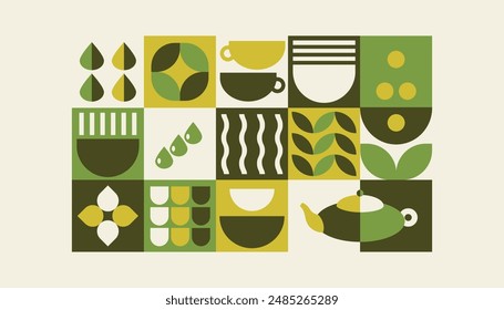 Pattern with tea theme. Geometric print, bannner with abstract shapes, cup, pot, tea leaves, water. Cover design, food package, menu, background, café wall, coffee shop, tea store