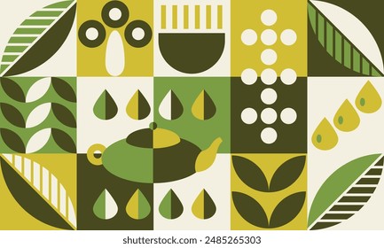 Pattern with tea theme. Geometric print, bannner with abstract shapes, cup, pot, tea leaves, water. Cover design, food package, menu, background, café wall, coffee shop, tea store