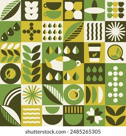 Pattern with tea theme. Geometric print, bannner with abstract shapes, cup, pot, tea leaves, water. Cover design, food package, menu, background, café wall, coffee shop, tea store