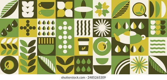 Pattern with tea theme. Geometric print, bannner with abstract shapes, cup, pot, tea leaves, water. Cover design, food package, menu, background, café wall, coffee shop, tea store